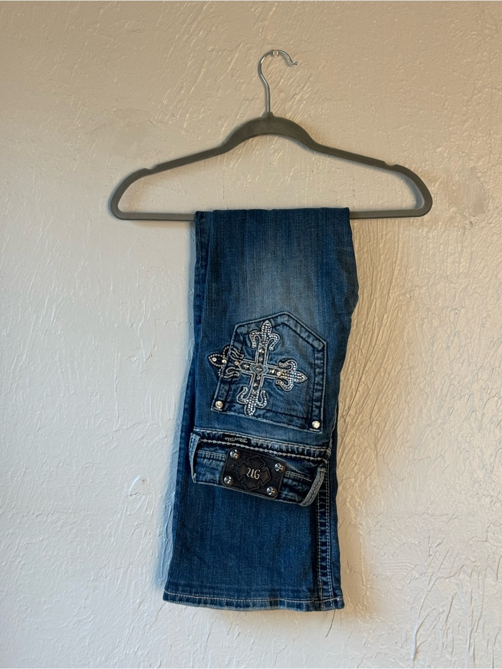 Miss Me Denim Bootcut Jeans with Embroidered Cross Pocket - Dark Blue 27